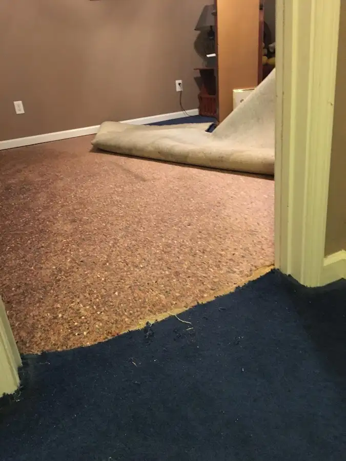 Carpet pad removal revealing water damage during Water Mitigation Services in Prichard